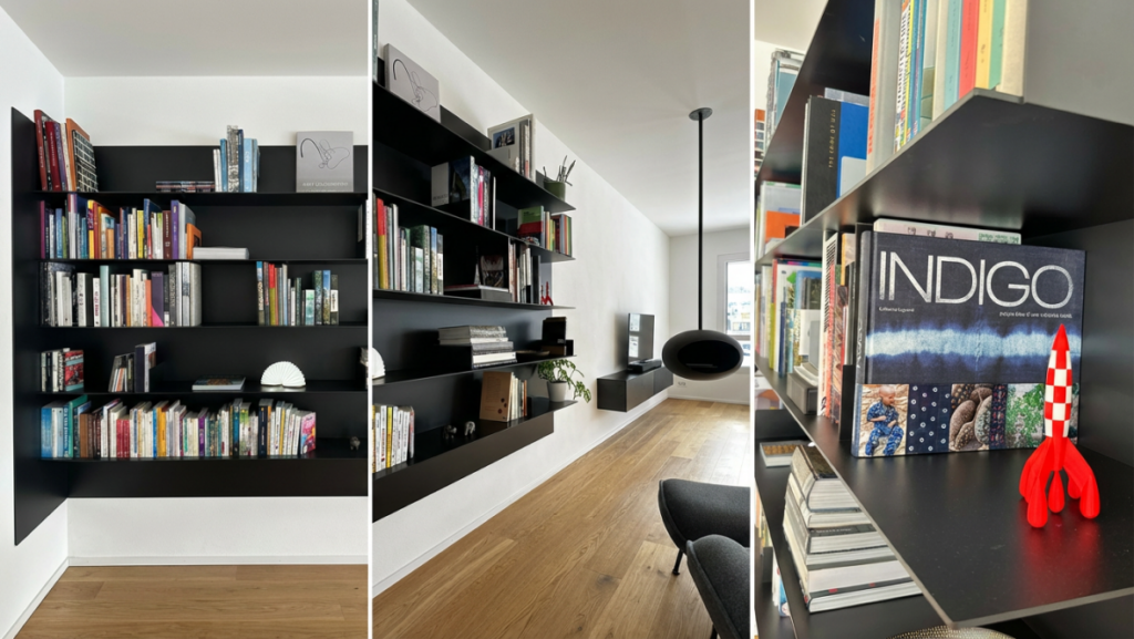 Bibliothèque murale sur mesure noire mate dans un salon contemporain, avec des étagères en alu éloxé et rangements intégrés