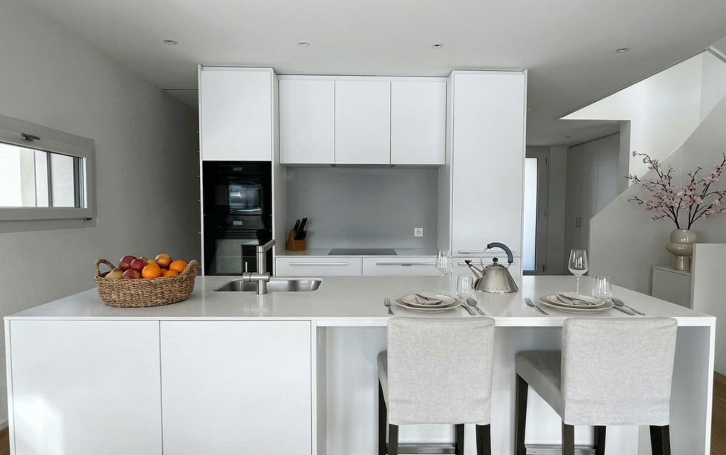 Cuisine blanche avec îlot multifonctions et espace repas ouvert sur séjour