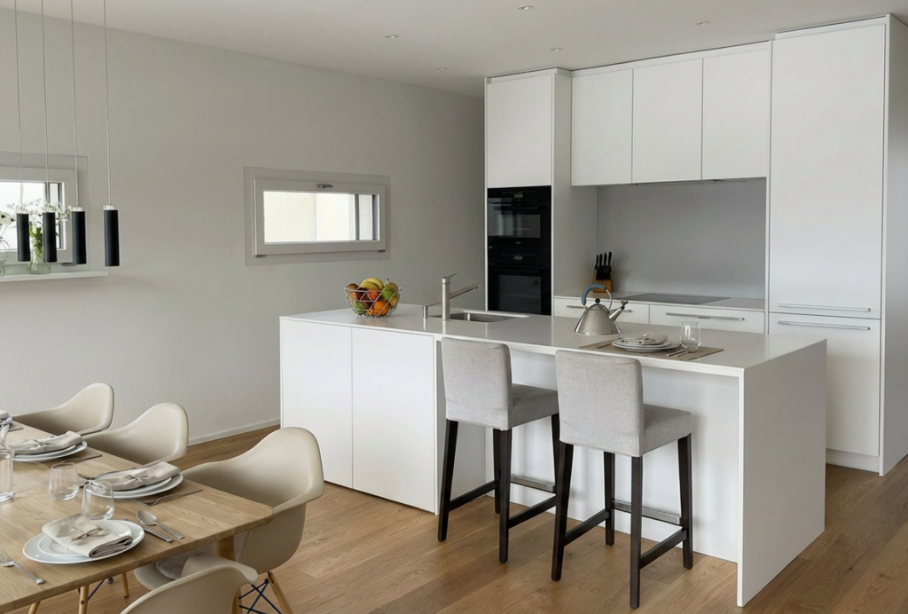 Cuisine contemporaine blanche avec îlot central, rangements intégrés et coin repas lumineux