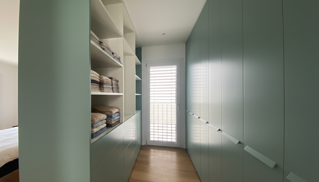 Dressing couloir avec armoires pleine hauteur et étagères de rangement sur mesure