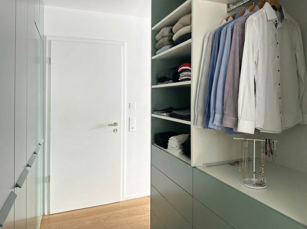 Dressing sur mesure avec penderie, étagères et tiroirs intégrés, façades vert sauge