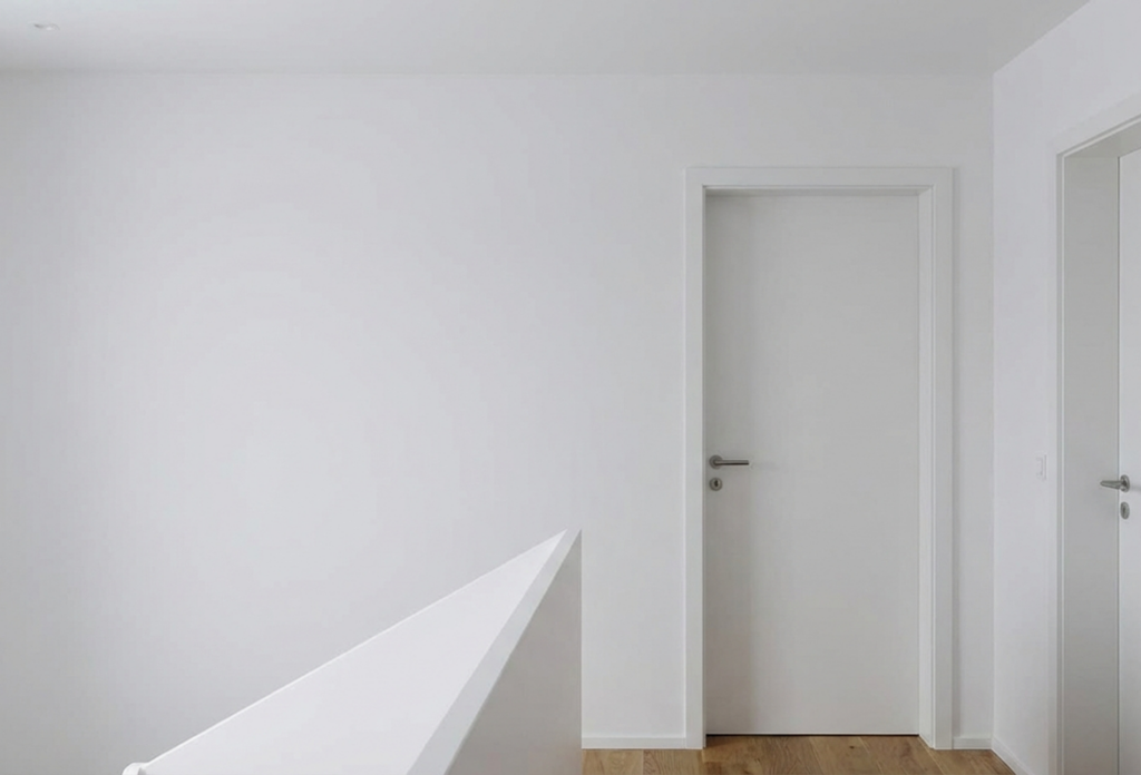 Dégagement au premier étage avant travaux, murs blancs et portes intérieures