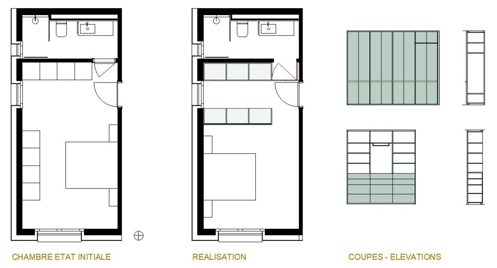 Plan état initial et réalisation : optimisation d’une chambre avec rangements intégrés