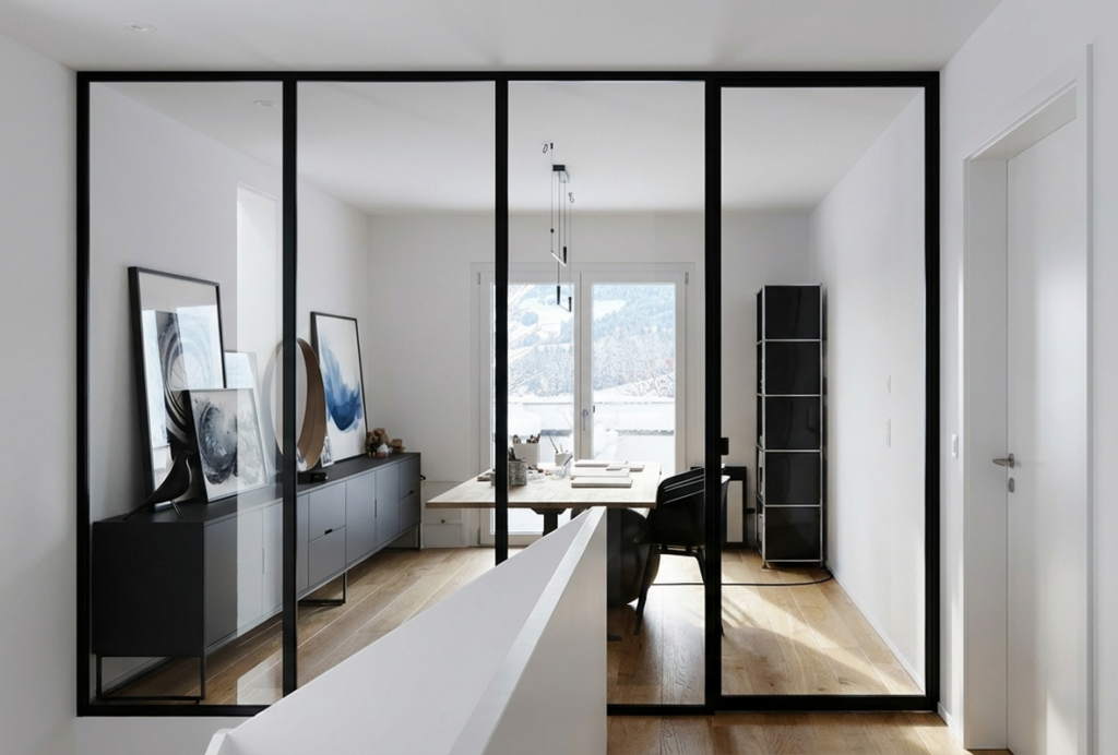 Verrière intérieure d’atelier de création avec structure métallique et grandes vitres