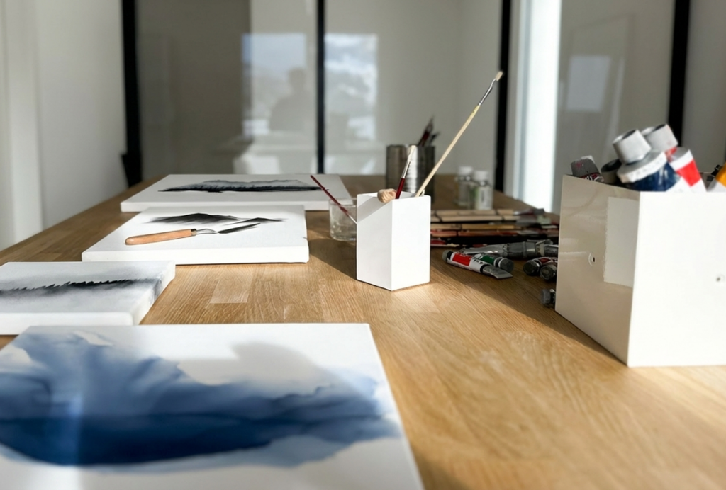 Espace de création : aquarelles, pinceaux et tubes de peinture sur table en bois