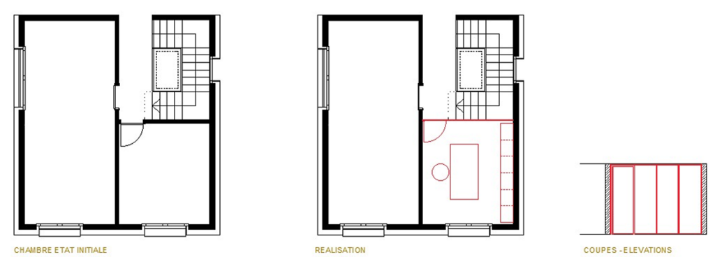 Plan d’aménagement intérieur : chambre avant/après et coupes-élévations