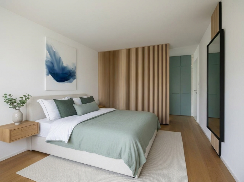 Chambre contemporaine avec claustra en bois et dressing intégré vert sauge, ambiance épurée